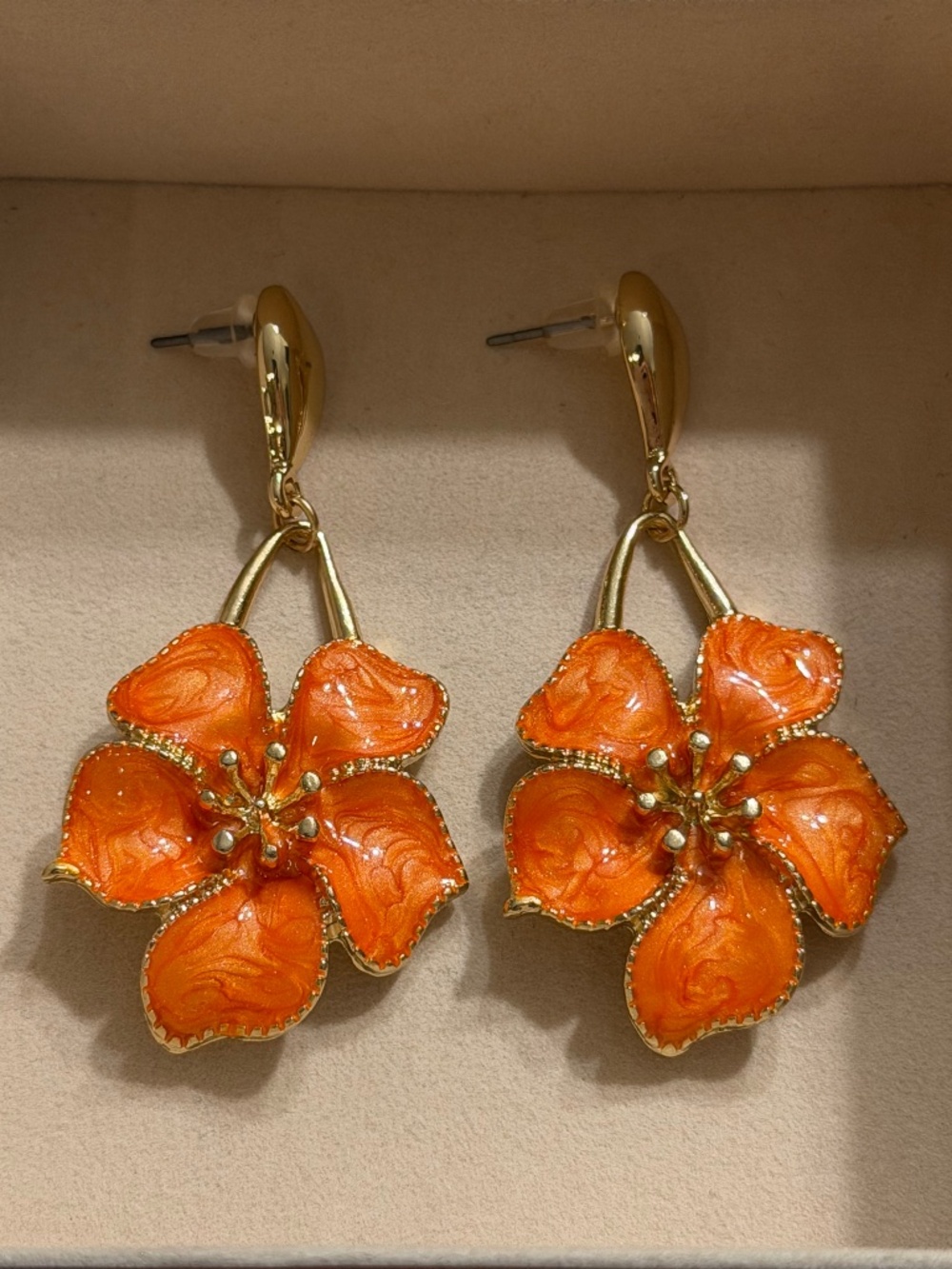 Golden Orange Oil Dripping Flower Enamel Statement Dangle Earrings